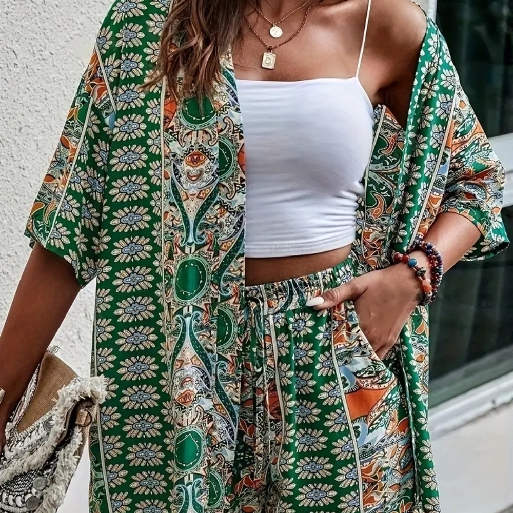 Green and Orange Patterned Kimono Set
